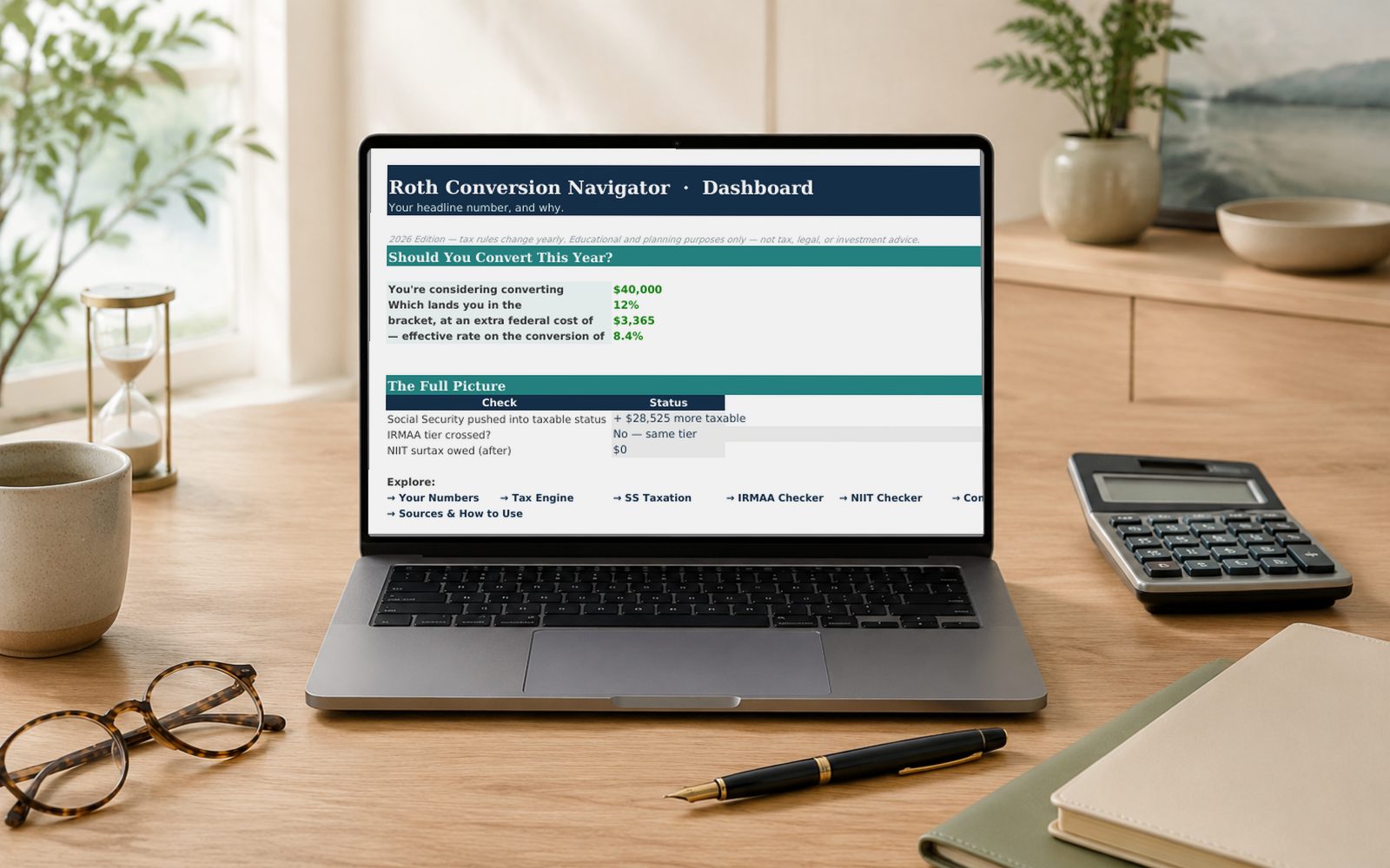 Roth Conversion Navigator shown on a laptop